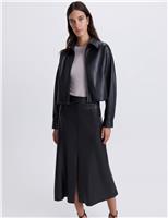 Faux Leather Split Front Midi A-Line Skirt