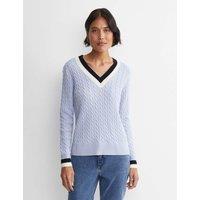 Sportscraft Pure Wool Cable Knit V-Neck Jumper Light Blue Mix
