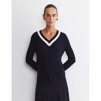 Sportscraft Pure Wool Cable Knit V-Neck Jumper Navy Mix