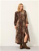 Animal Print Tie Neck Midi Waisted Dress