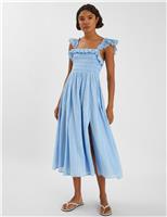 Cotton Rich Square Neck Midi Shirred Dress