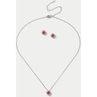 M&S Platinum Plated Birthstone Earring and Necklace Set Red Mix
