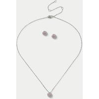 M&S Platinum Plated Birthstone Earring and Necklace Set Pink