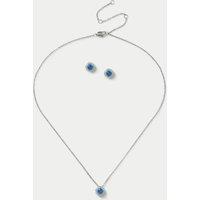 M&S Platinum Plated Birthstone Earring and Necklace Set Light Blue
