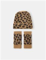Fluffy Leopard Print Hat & Gloves Gift Set