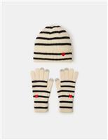 Knitted Striped Heart Hat & Gloves Gift Set