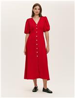 Crepe V-Neck Puff Sleeve Midi Tea Dress