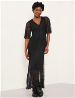 Lace V-Neck Angel Sleeve Midi Column Dress
