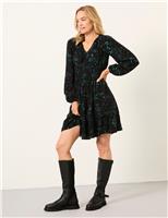 Printed Metallic V-Neck Mini Skater Dress