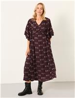 Metallic Printed V-Neck Midi Smock Dress