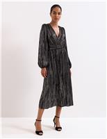 Metallic Striped V-Neck Midi Waisted Dress