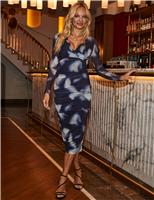 Abstract V-Neck Ruched Midi Wrap Dress