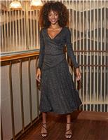 Sparkly V-Neck Ruched Midi Skater Dress