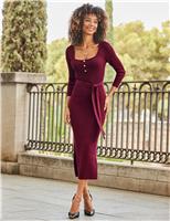 Square Neck Tie Belt Midi Knitted Dress