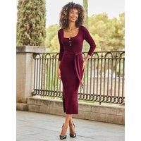 SOSANDAR Square Neck Tie Belt Midi Knitted Dress Burgundy