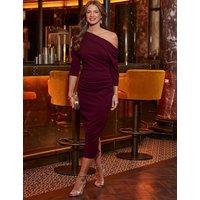 SOSANDAR One Shoulder Ruched Midi Bodycon Dress Burgundy