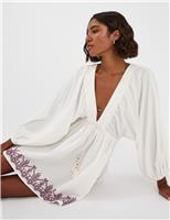 Pure Cotton Embroidered V-Neck Beach Dress