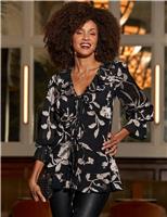 Shimmer Floral Ruffle Tie Front Blouse