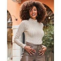 SOSANDAR Textured Printed Roll Neck Top Ecru Mix