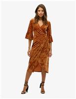 Velvet Textured V-Neck Midi Wrap Dress