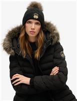 Cable Faux Fur Pom Beanie Hat with Wool