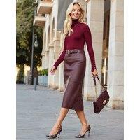 SOSANDAR Leather Panelled Midi Pencil Skirt Burgundy