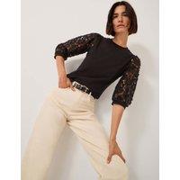 Monsoon Cotton Rich Floral Applique Top Black