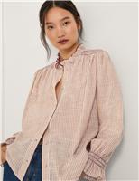 Pure Cotton Striped Frill Neck Shirt