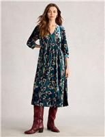 Velvet Floral V-Neck Midi Waisted Dress