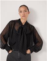 Sheer Flocked Polka Dot Spot Tie Neck Blouse