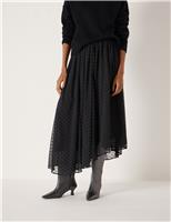 Flocked Polka Dot Midi Asymmetric Skirt