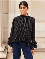 Polka Dot Foil Print Frill Sleeve Blouse