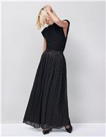 Polka Dot Foil Pleated Maxi Skirt