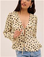 Satin Polka Dot V-Neck Tie Front Blouse
