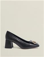 Leather Block Heel Square Toe Court Shoes