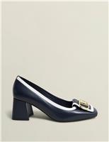 Leather Block Heel Square Toe Court Shoes