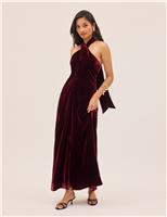 Velvet Halter Neck Maxi Waisted Dress