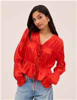 Kitri Satin V-Neck Tie Front Relaxed Blouse Red