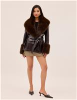 Vinyl Belted Faux Fur Trim Jacket