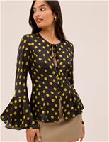 Kitri Satin Polka Dot Tie Neck Top Black