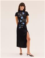 Satin Embroidered High Neck Midaxi Dress