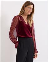 Velvet Sheer V-Neck Blouson Sleeve Blouse
