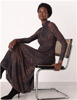 Mesh Animal Print High Neck Midi Skater Dress