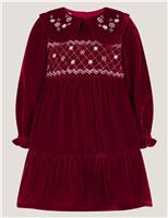 Velvet Floral Embroidery Smock Dress (0-24 Mths)