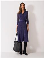 Mesh Jersey Printed Tie Waist Midi Shirt Dress