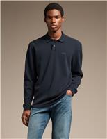 Boss Cotton Rich Waffle Long Sleeve Polo Shirt Navy