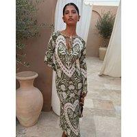 Never Fully Dressed Floral Plisse Tie Neck Midi Column Dress Khaki Mix