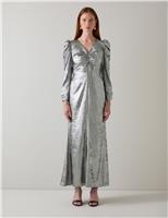 Metallic V-Neck Ruched Midi Column Dress