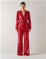 Sequin Embellished Belted Collared Jacket