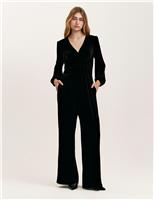 Velvet Jersey V-Neck Waisted Jumpsuit